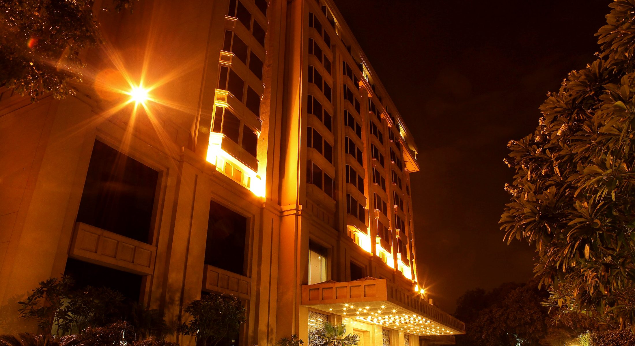 The façade on Bangla Sahib Road at night